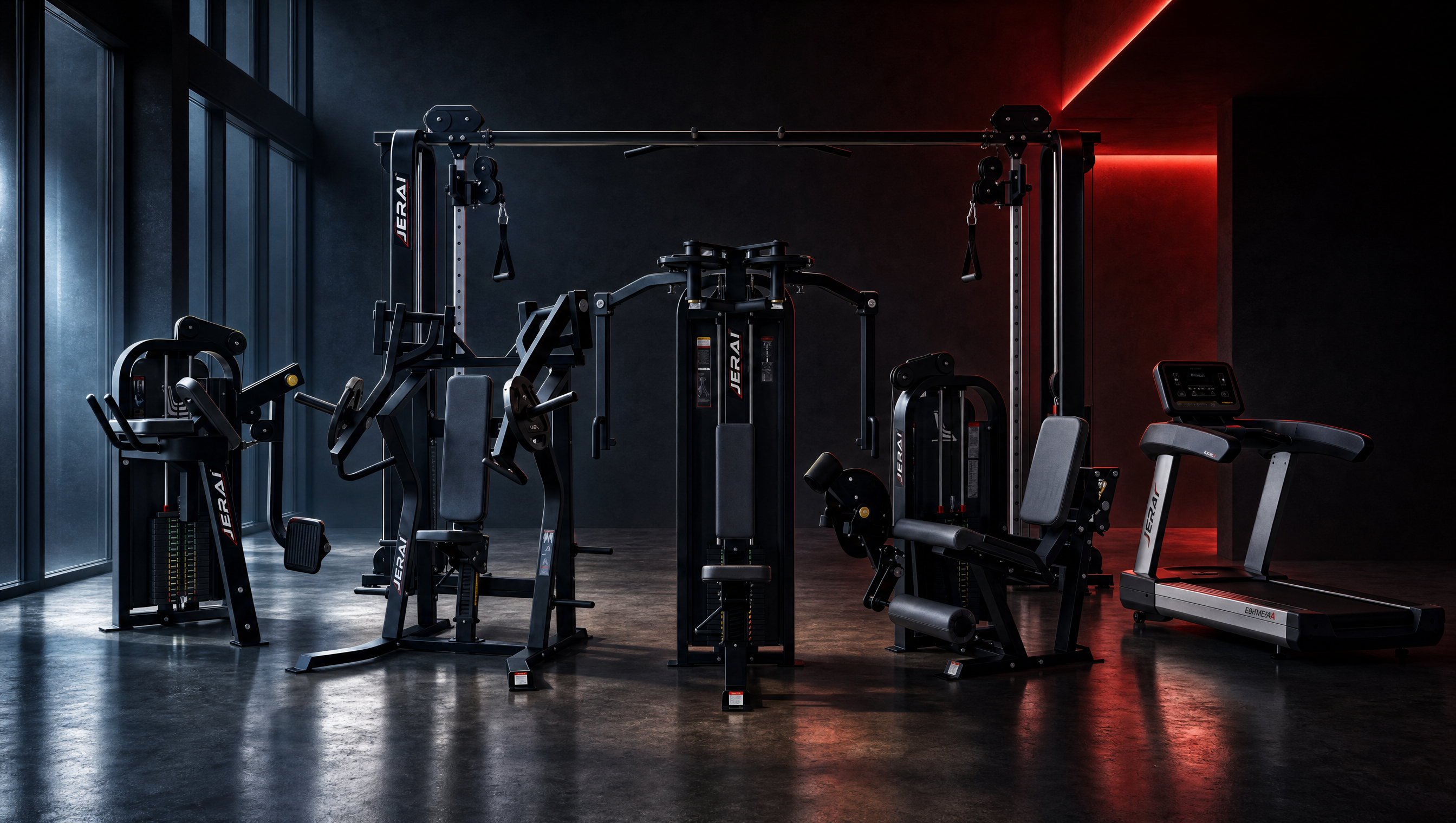 Jerai commercial gym showroom — full lineup of matte-black machines
